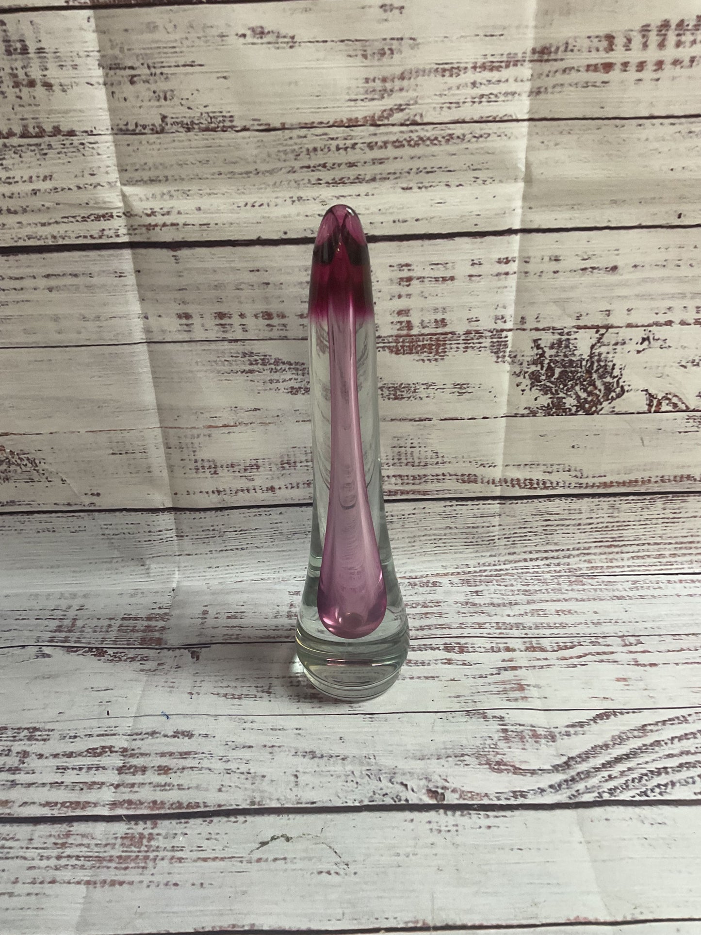 Signed Pink And Clear Glass Thin Vase