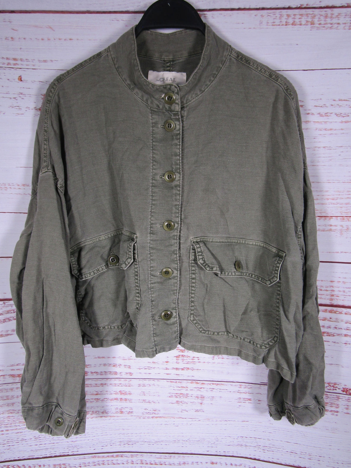 The Great. Women's Olive Cotton Linen Blend Shirt Jacket Size 0