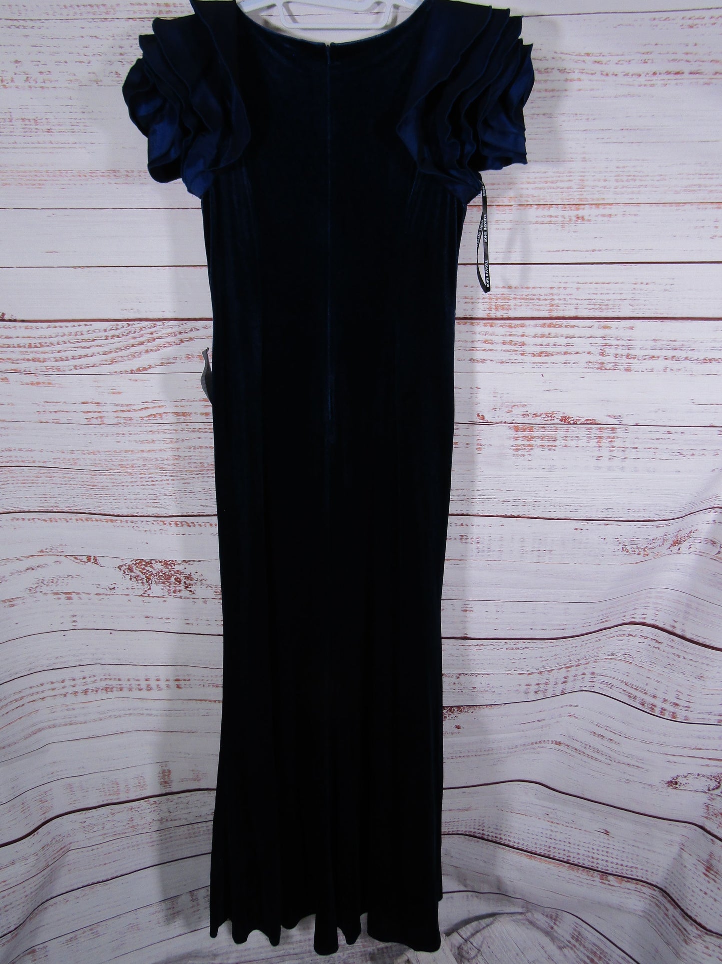 Tadashi Shoji Maylee Women's Navy Blue Velvet Rosette-Shoulder Gown Dress Size L
