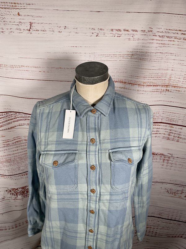 NWT Outerknown Women's Blue Plaid Blanket Flannel Button Up Long Sleeve Size S