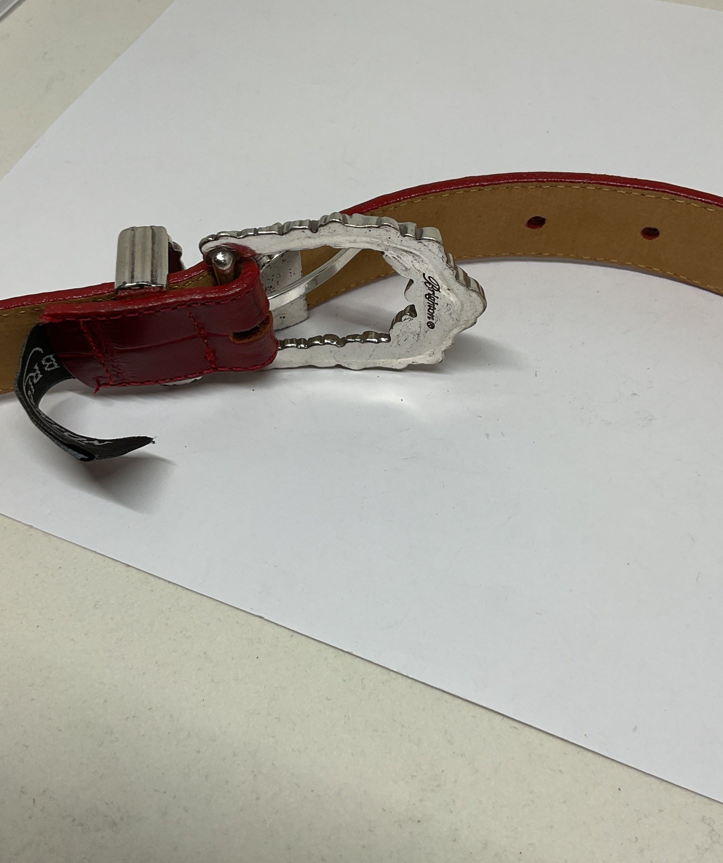 Brighton Red Embossed Leather Silver Tone Buckle Belt - Size M