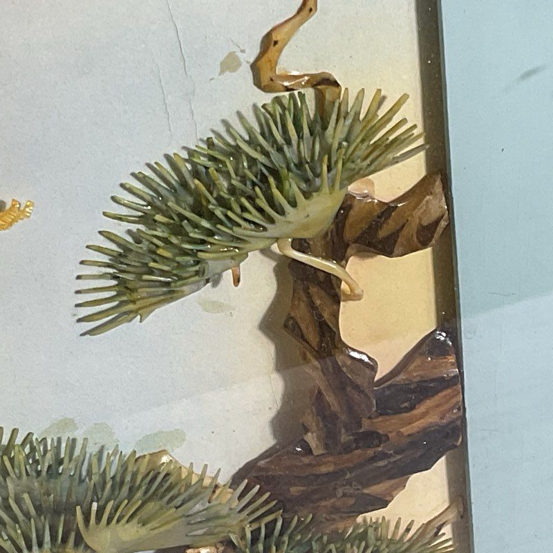 VTG. Chinese Relief Mother of Pearl Bird Stone Tree Art- FRAMED 24" X 14"