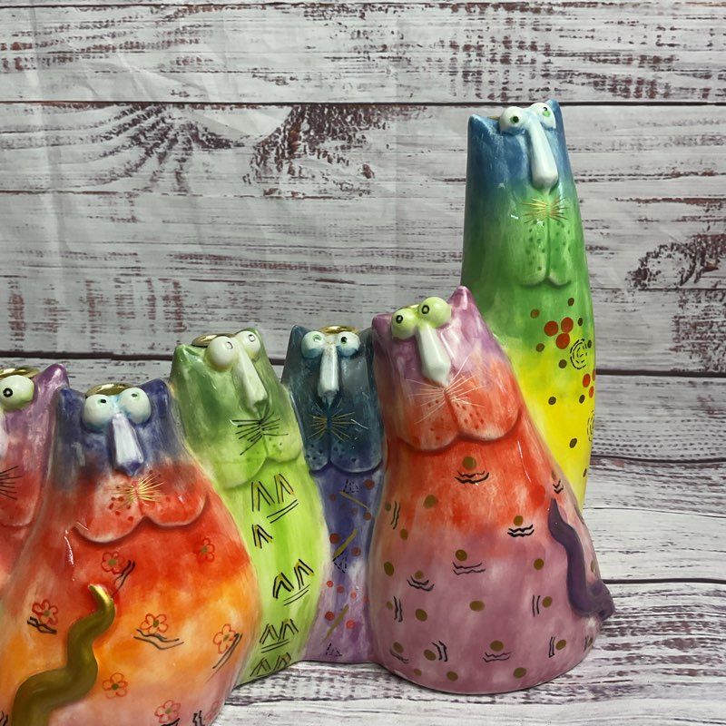 Joy Cats Multicolor Ceramic Kitten Family Menorah 12" Ceramic Judaica