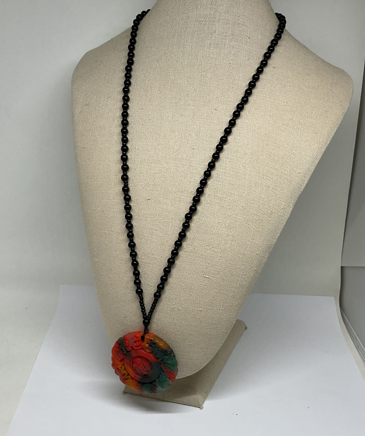 Carved Glass Pendant Necklace Black Beaded Necklace