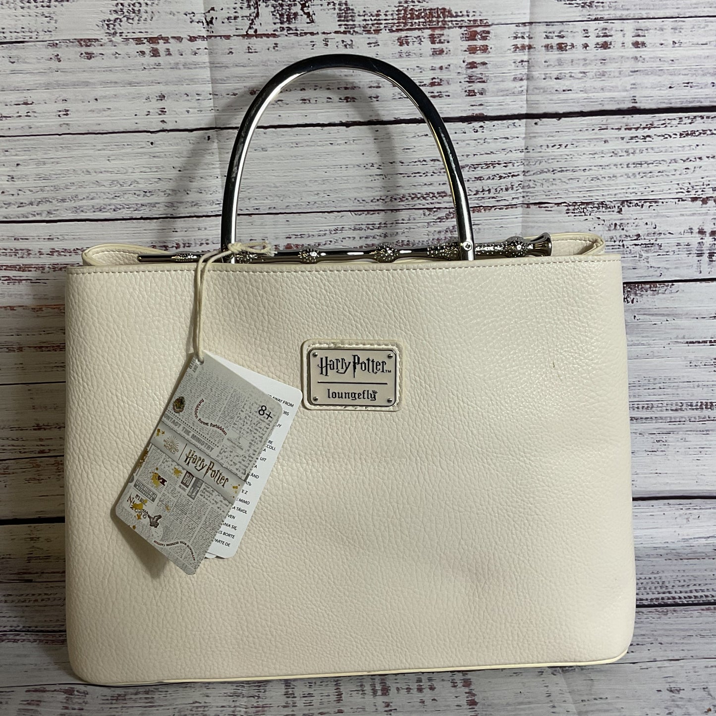 NWT LOUNGEFLY Harry Potter Deathfly Hallowe White Purse with Silver Elder Wand