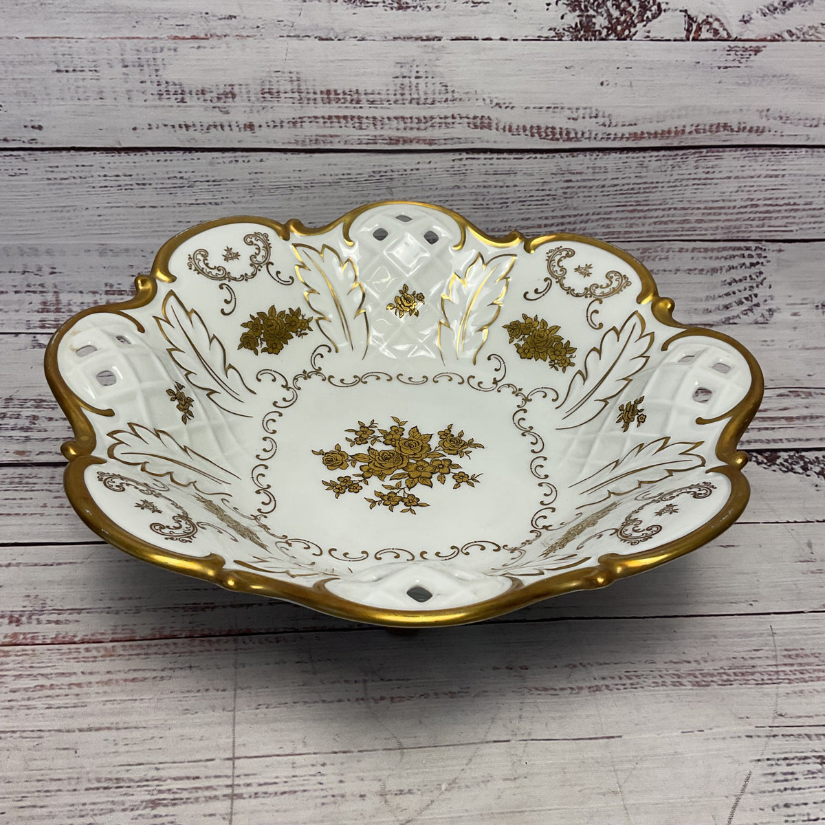 Reichenbach Fine China Ceramic White Footed Floral Design Bowl Gold 11"