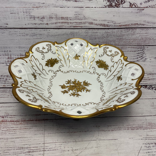 Reichenbach Fine China Ceramic White Footed Floral Design Bowl Gold 11"