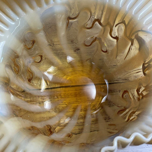 Vintage Ivory & Amber Swirl Glass Ruffled Edge 8" Bowl Vase
