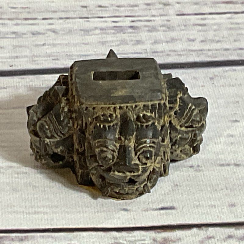 ANTIQUE Japanese Black Wood Carved Masks Figurine Display Stand- 1.25"