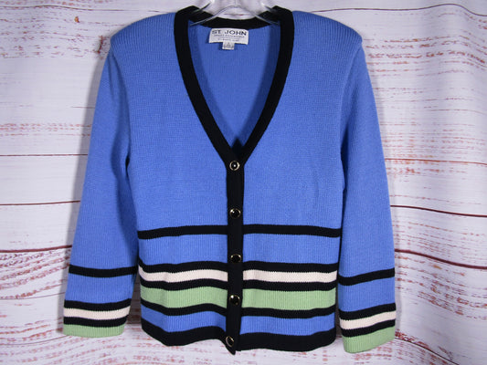 St. John Women's Blue Striped Wool Blend Cardigan Sweater Size S