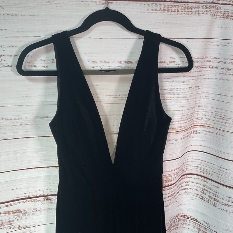 Jenny Yoo Black Velvet Sleeveless Low Cut Lace Front Maxi Formal Dress - Size 0