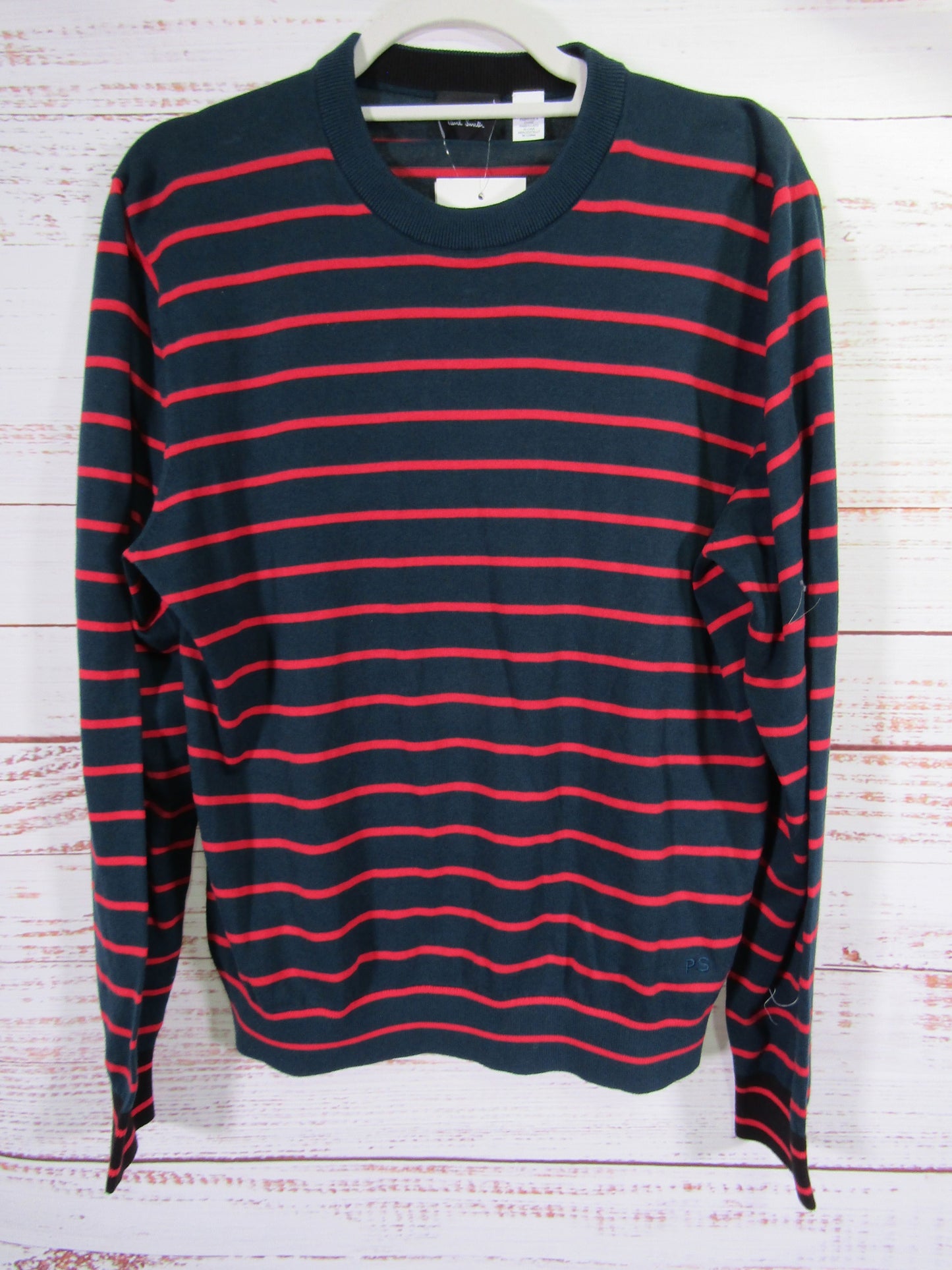 Paul Smith Men's Blueish Green Red Stripe Pullover Crew Neck Sweater Size L
