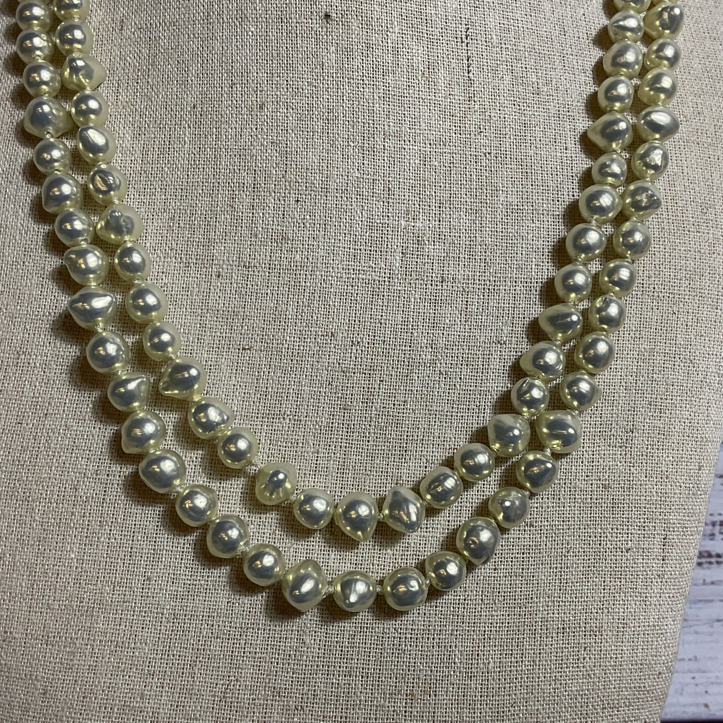 VTG. LES BERNARD Silver Tone Faux Pearls and Rhinestone 2-Strand Necklace- 24"