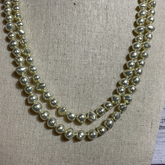VTG. LES BERNARD Silver Tone Faux Pearls and Rhinestone 2-Strand Necklace- 24"