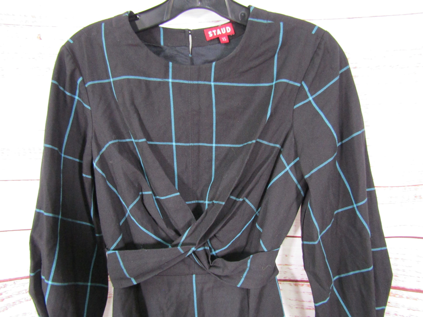 Staud Crosshill Women's Black Blue Checkered Long Sleeve Mini Dress Size XS