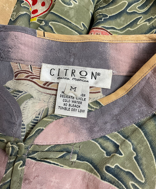Cute Citron 100% Silk Mandarin Collar Eclectic Floral Long Sleeve-Size Medium