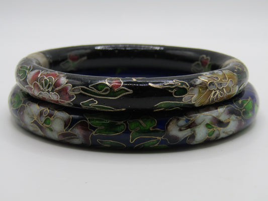 Vintage Multi-Color Cloisonne Enamel Floral Bangle Bracelet Set of 2