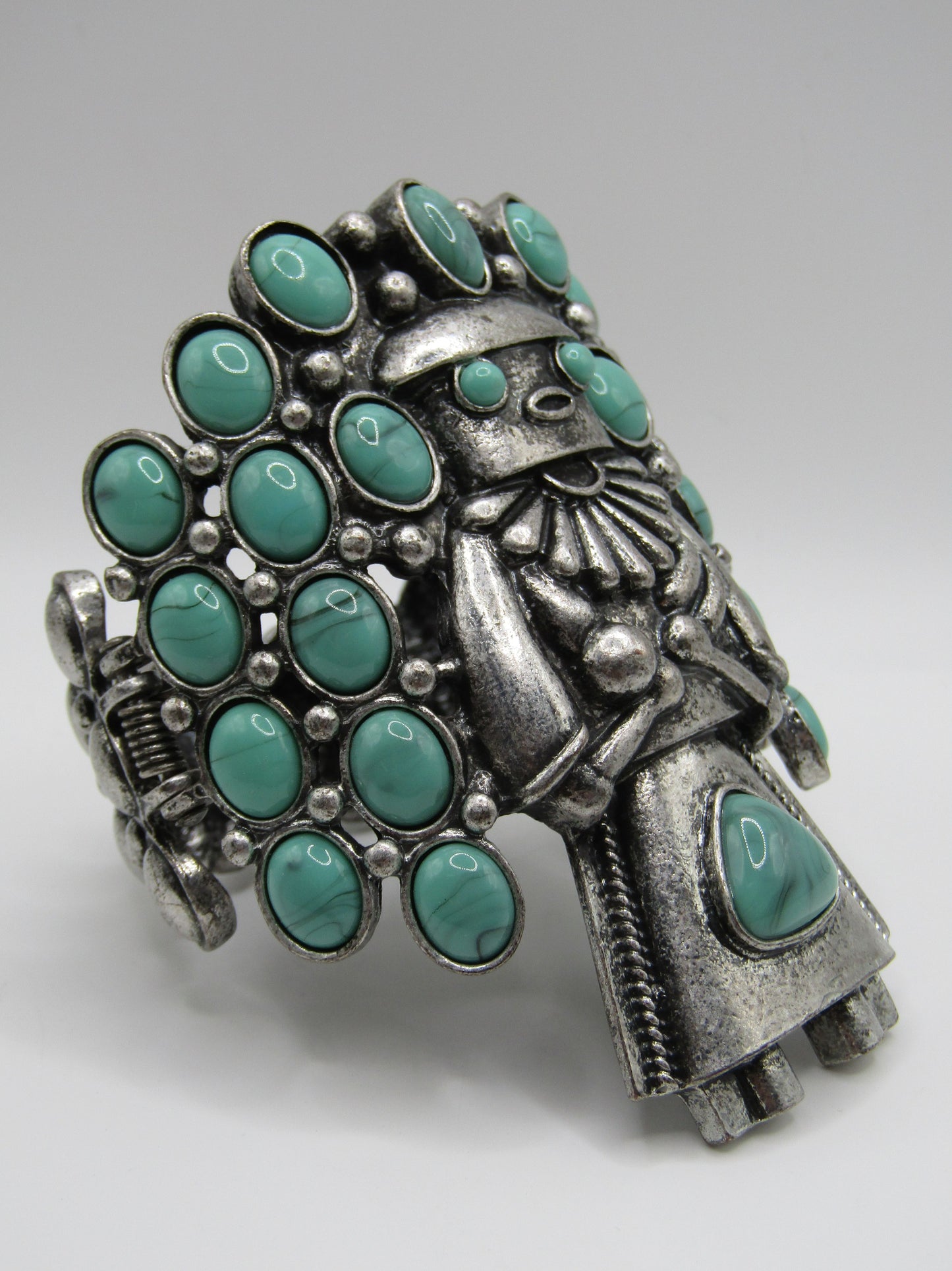 Crown Nine Southwestern Kachina Deity Faux Turquoise Hinged Bangle Bracelet