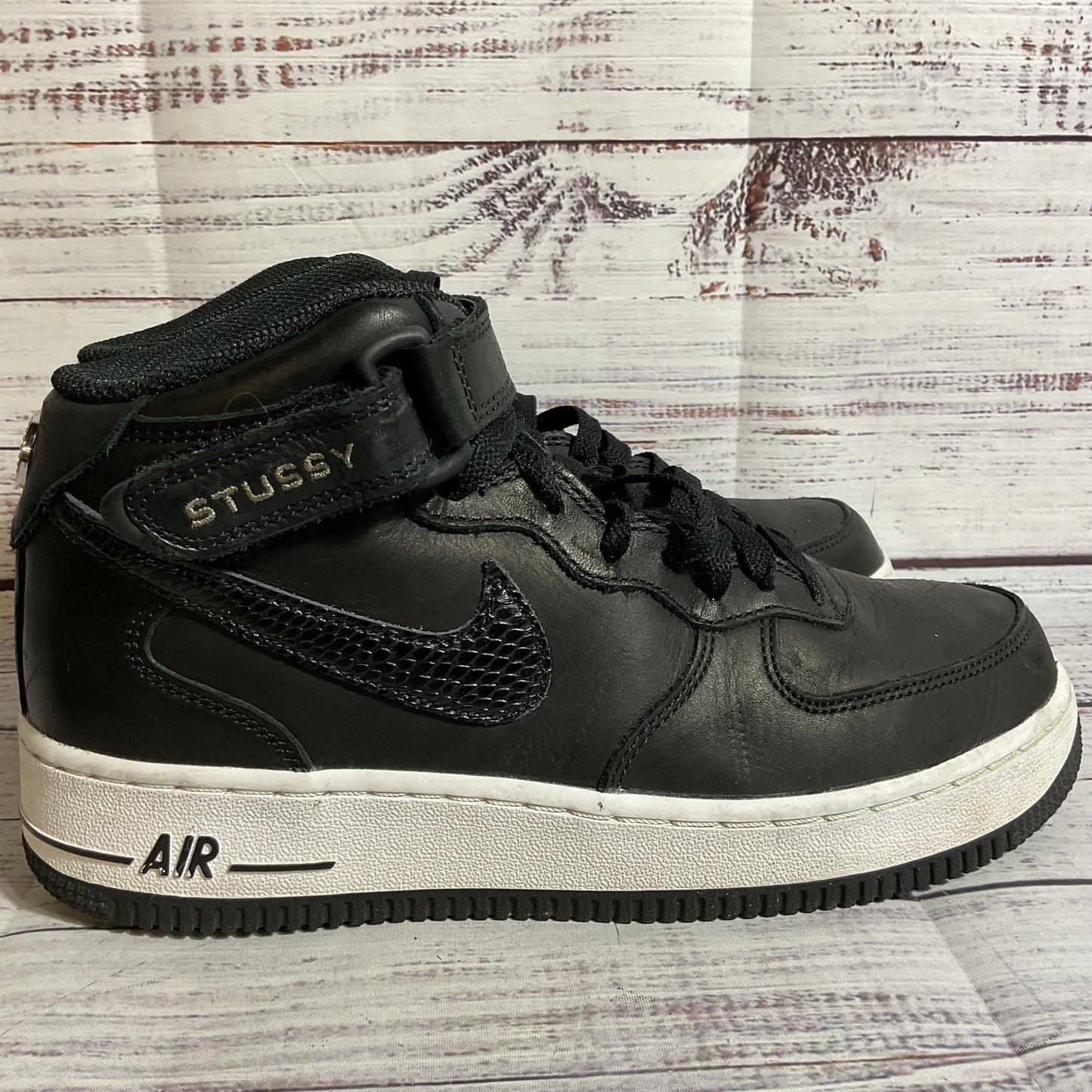 NIKE x STUSSY Air Force 1 Mid (DJ7840-001) Men's Black Snakeskin Shoes- SZ 6.5