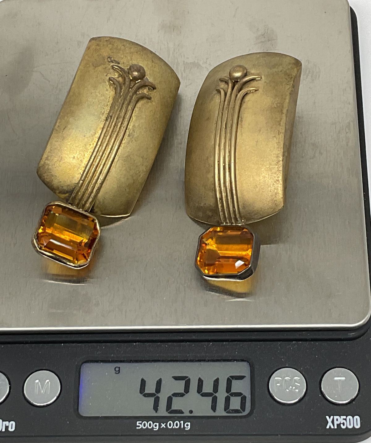 Signed 89 STG Sterling Silver Vintage Clip on Earrings with Citrine