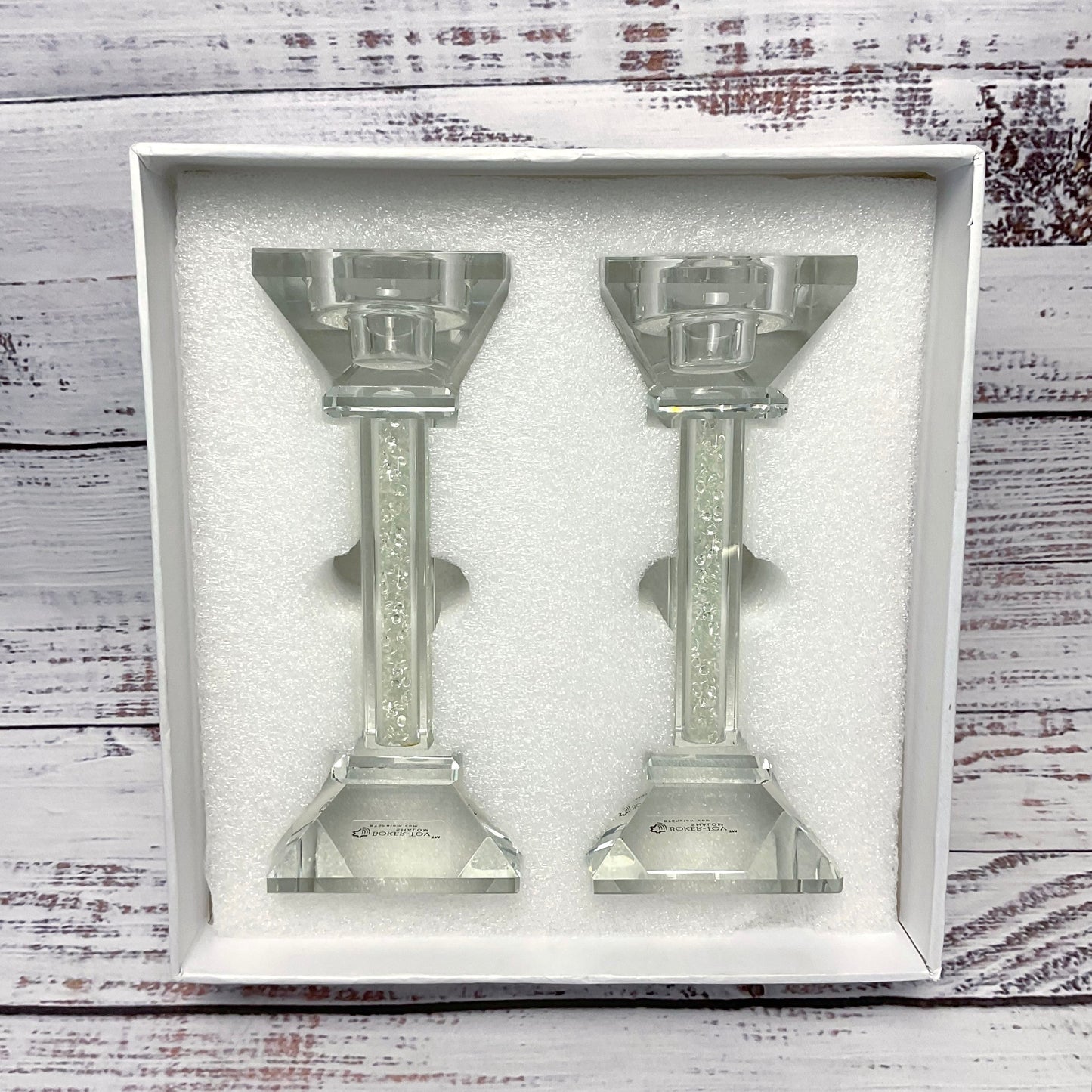 Boker Tov Shalom Rhinestone Crystal Glass Candle Stick Pair