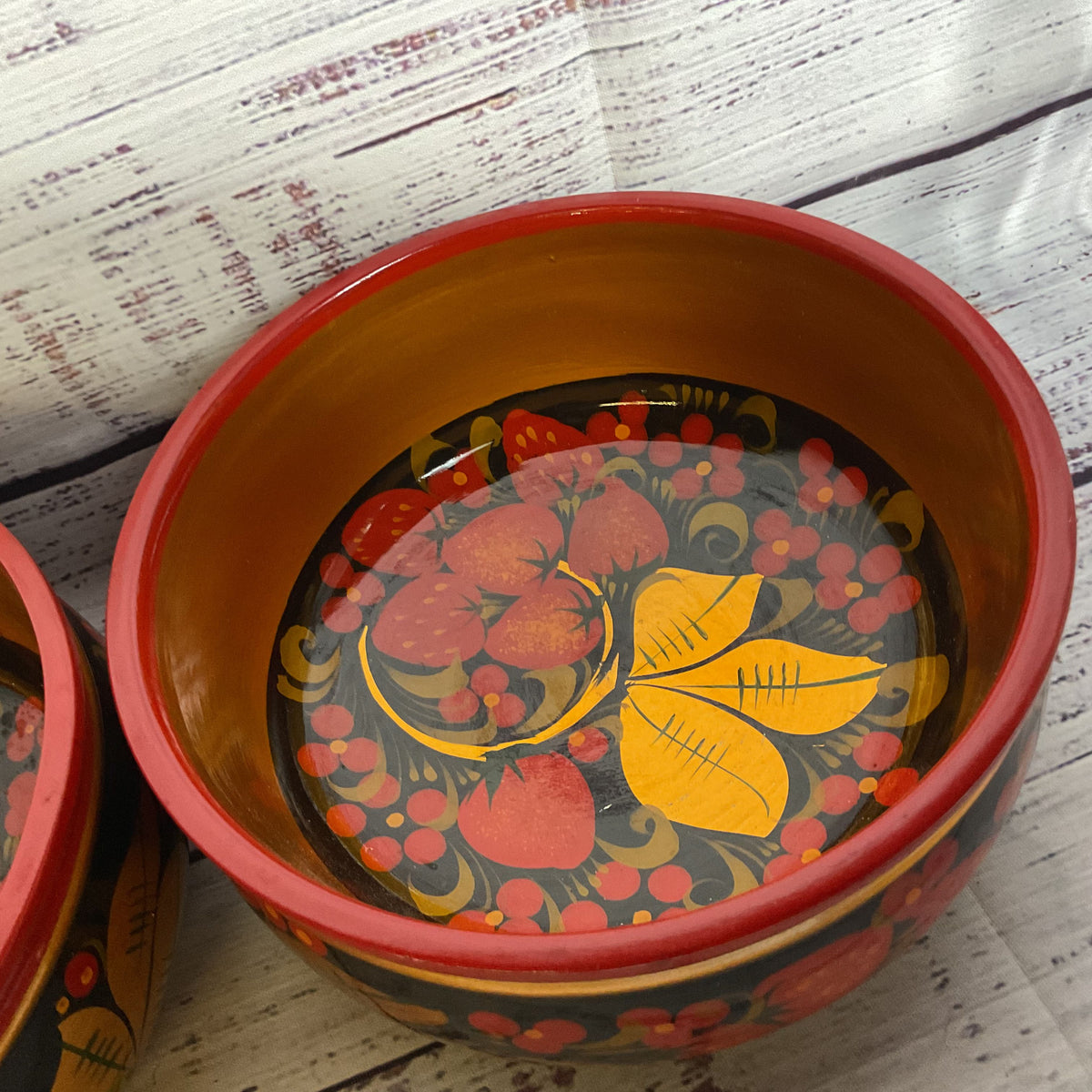 Set of 2 VTG. Russian USSR Khokhloma Folk Hand Painted Wooden Bowl 5.25”