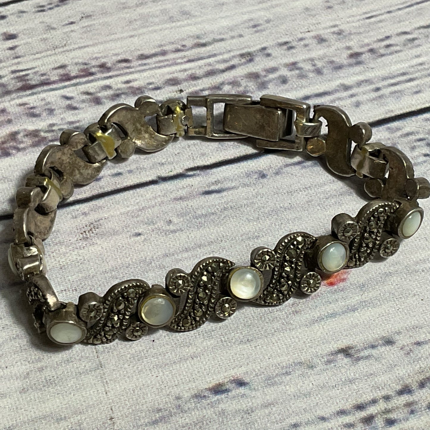 Sterling Silver & Moonstone, Marcasite Link 5.75" Bracelet- 20.29g