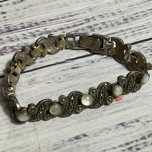 Sterling Silver & Moonstone, Marcasite Link 5.75" Bracelet- 20.29g