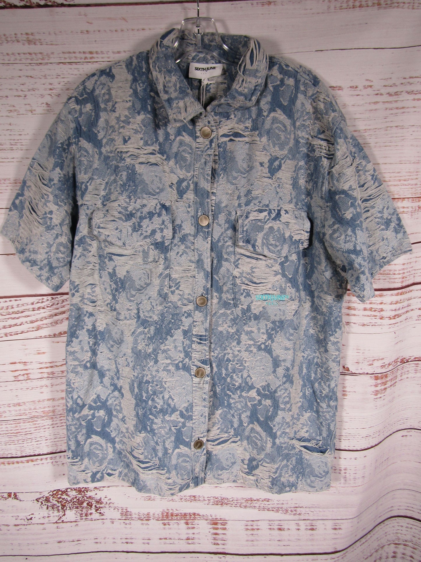 Sixth June Men's Blue Distressed Denim Short Sleeve Jacket Size XL