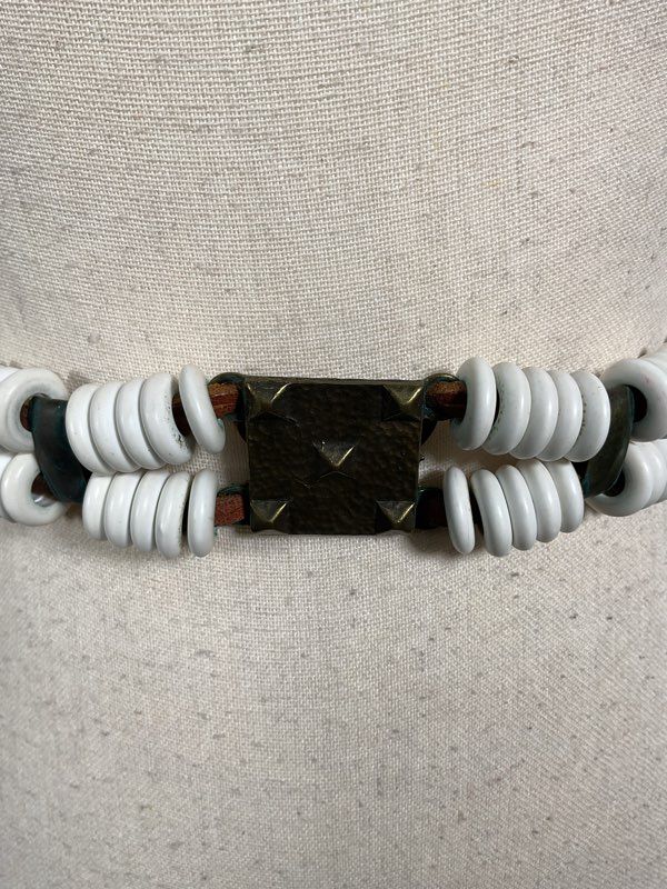 Vintage Saks Fifth Avenue White Beaded Square Buckle Leather Tie Belt