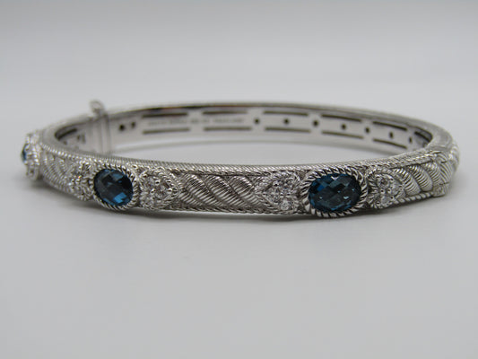 Judith Ripka Sterling Silver Blue Topaz Heart Cable Bangle Bracelet