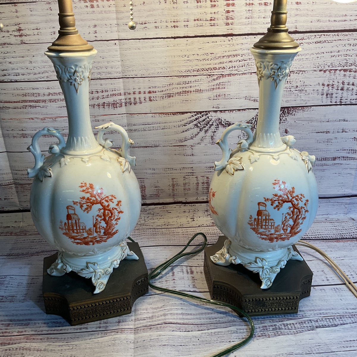 Pair of ANTIQUE French Hand Painted Porcelain Lamps- NO SHADES