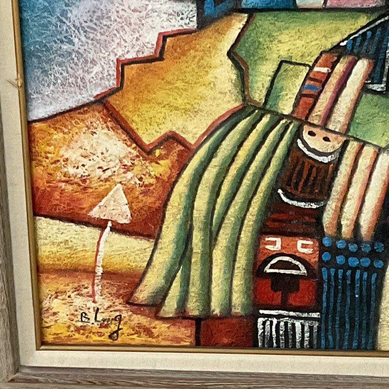 Signed BILL LONG Netherlands Aztec Colorful Painting- FRAMED 31" X 27"