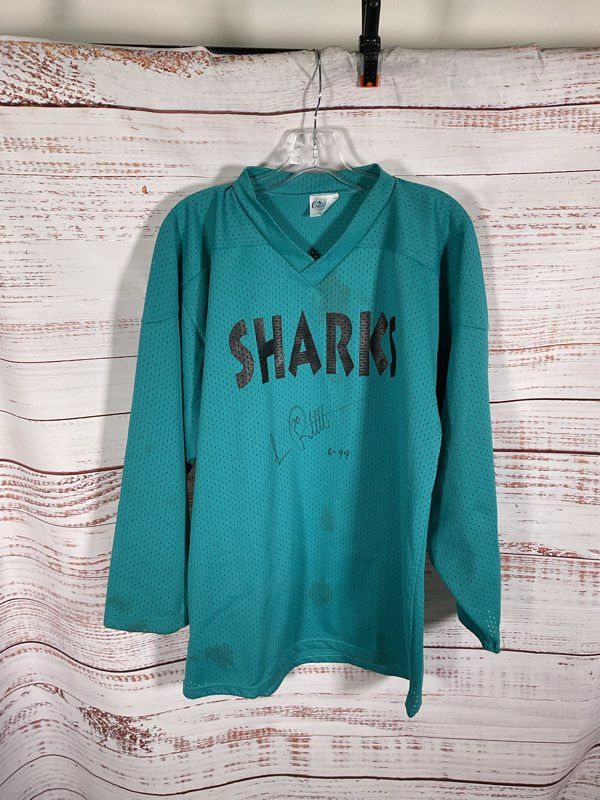 Vintage 90s San Jose Sharks Blue Jersey #33 Signed Contax Size S