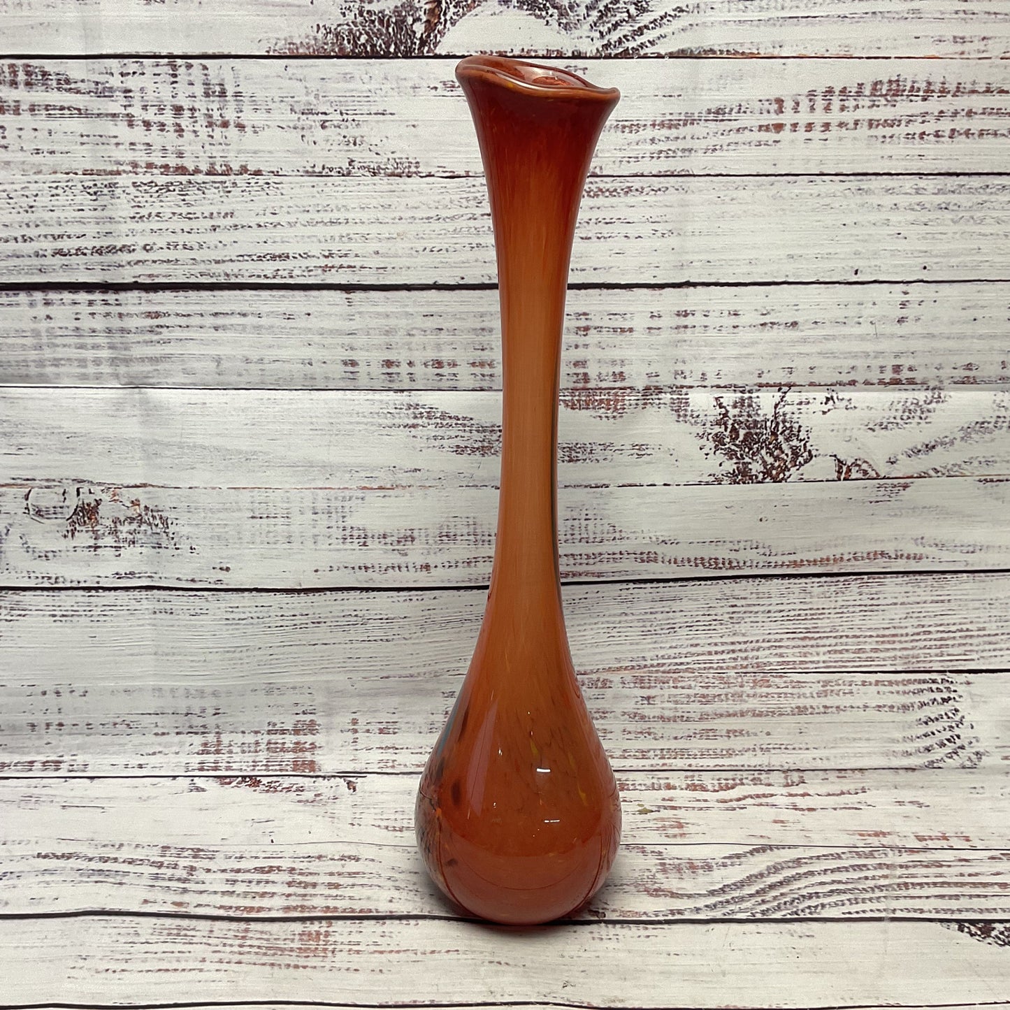 Nico Glass Romanian Tall Tube Slender Neck Orange Multicolor Swirl Vase 14.5"