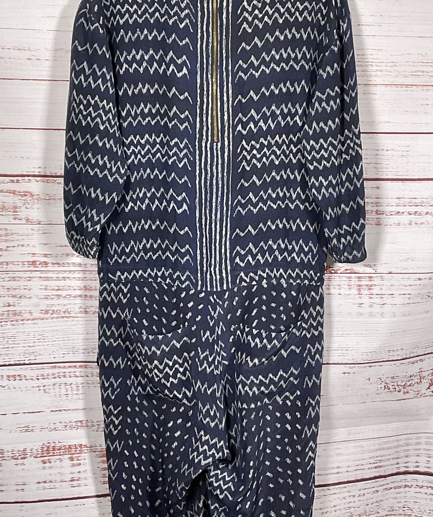 Ulla Johnson Zig Zag Pattern Long Sleeve Silk Jumpsuit Navy Blue 2
