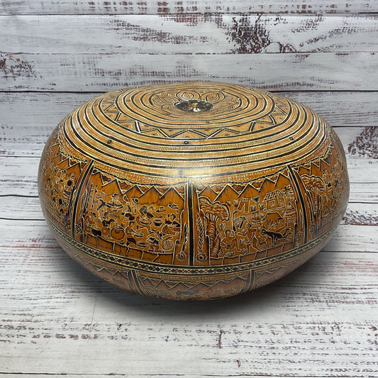 Peruvian Hand Carved Colored Pictorial Gourd Large 12.5"