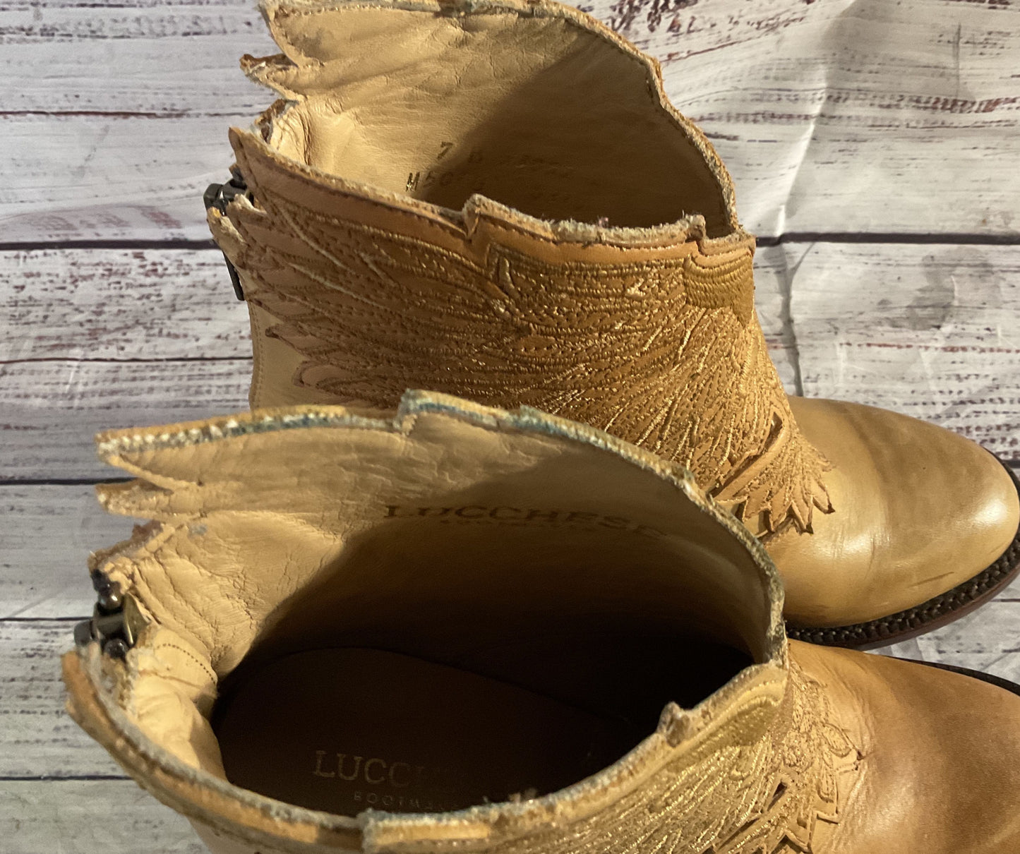 Lucchese Embroidered Eagle Wing Leather Ankle Booties Tan 7