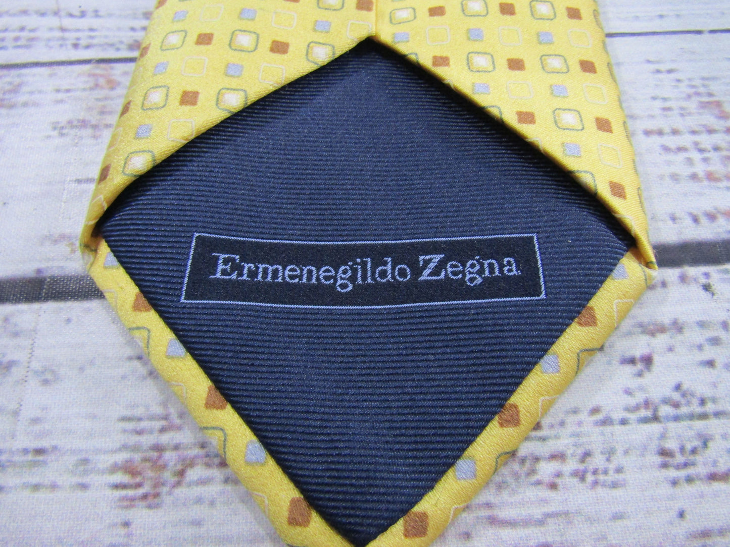 Ermenegildo Zegna Men's Yellow Square Print Silk Tie Made in Italy