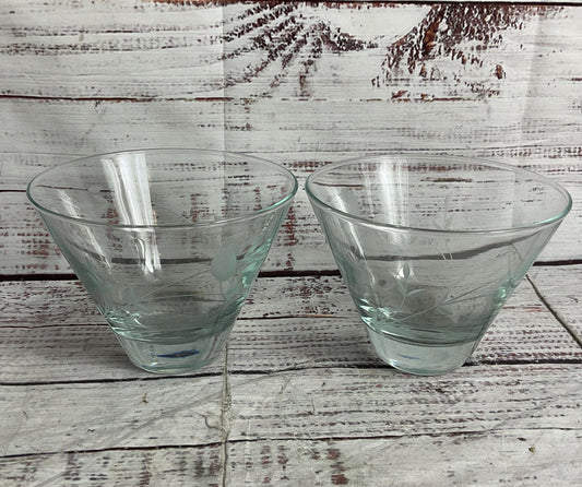 Princess House Etched Floral Set of 2 Stemless Martini Glasses Clear