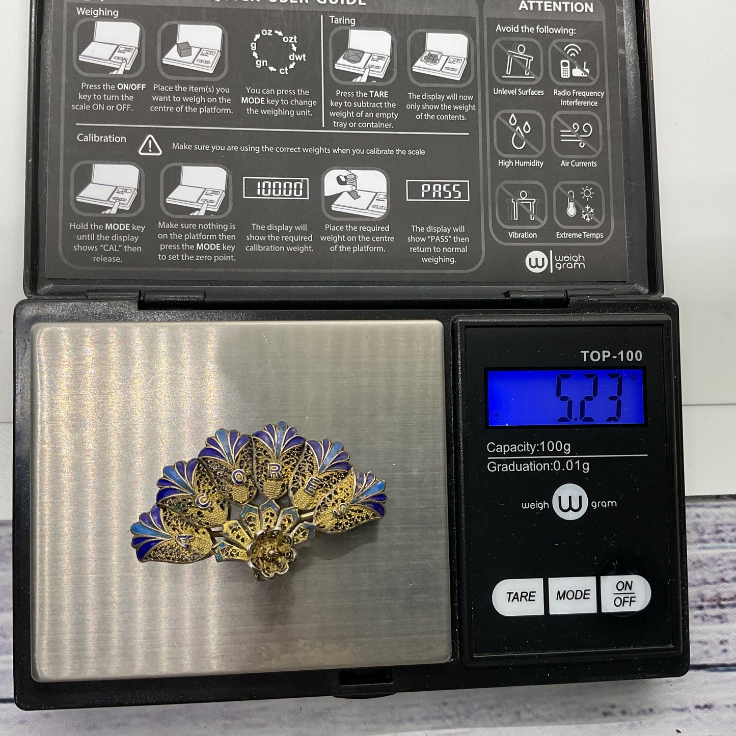 VTG. ACORES Sterling Vermeil Enamel Filigree Peacock 1.75" Brooch- 5.23g