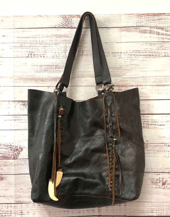 Anthropologie Raj Kangan Leather Shoulder Tote Bag Black