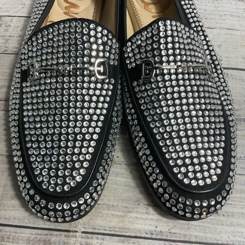 Sam Edelman Rhinestone Encrusted Black Leather Horsebit Loafer Women's Size 7.5
