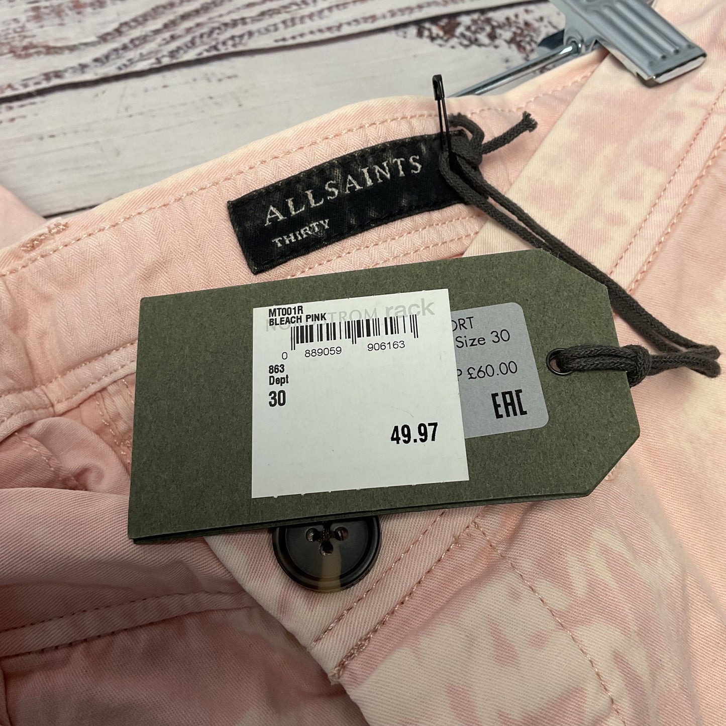 AllSaints Bowfell Twill Light Bleached Pink Shorts - Size 30 New