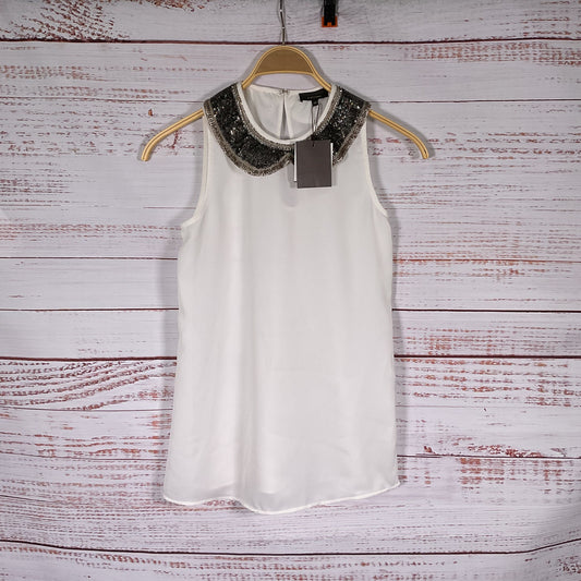 Adolfo Dominguez White Beaded Sequin Collar Top - Size S 36EU New W/ Tags