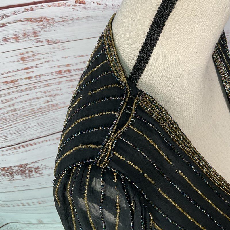 VTG. Judith Ann Creations Beaded Black Silk Belted Faux Wrap Dress - Size M