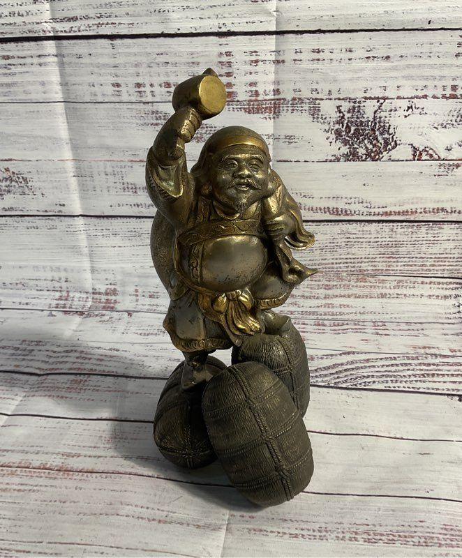 Antique Metal Japanese Statue / Sculpture Daikokuten Seven Lucky Gods 9.5"