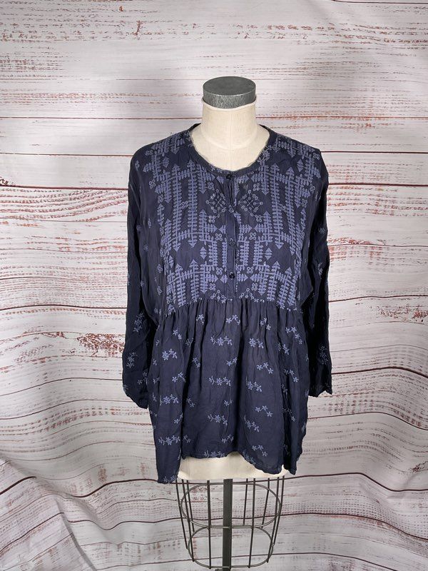 Johnny Was Women's Blue Tunic Embroidered Blouse Size S Cupra Rayon