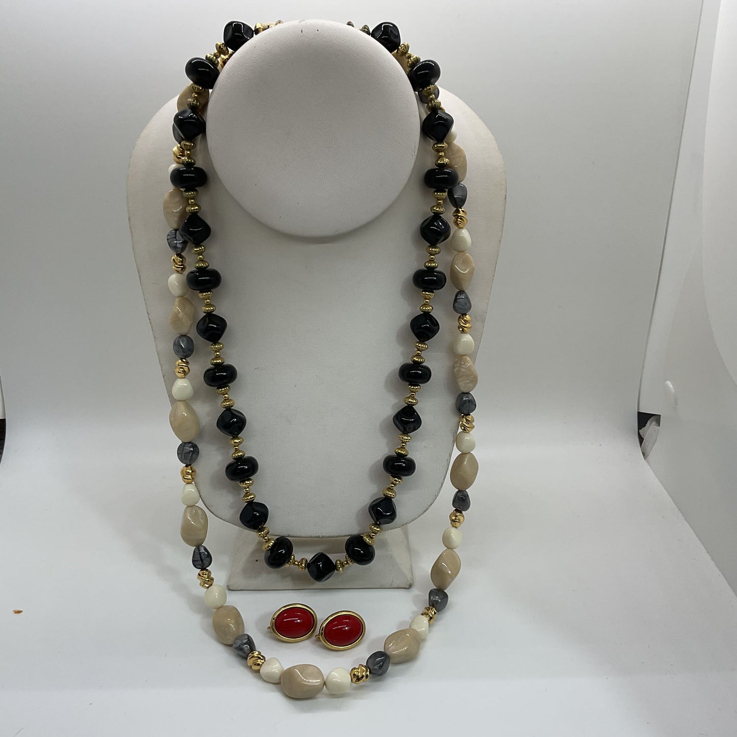 VTG. TRIFARI Set of 2 Beaded 23" & 29" Necklaces and Clip On Earrings