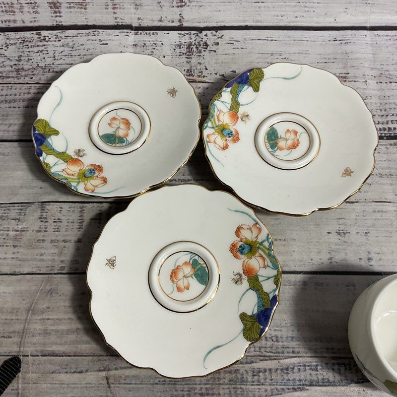 Auratic Happiness Heming 7 Pc Tea Cup Saucer Tea Pot Set 24k Gold Trim Porcelain